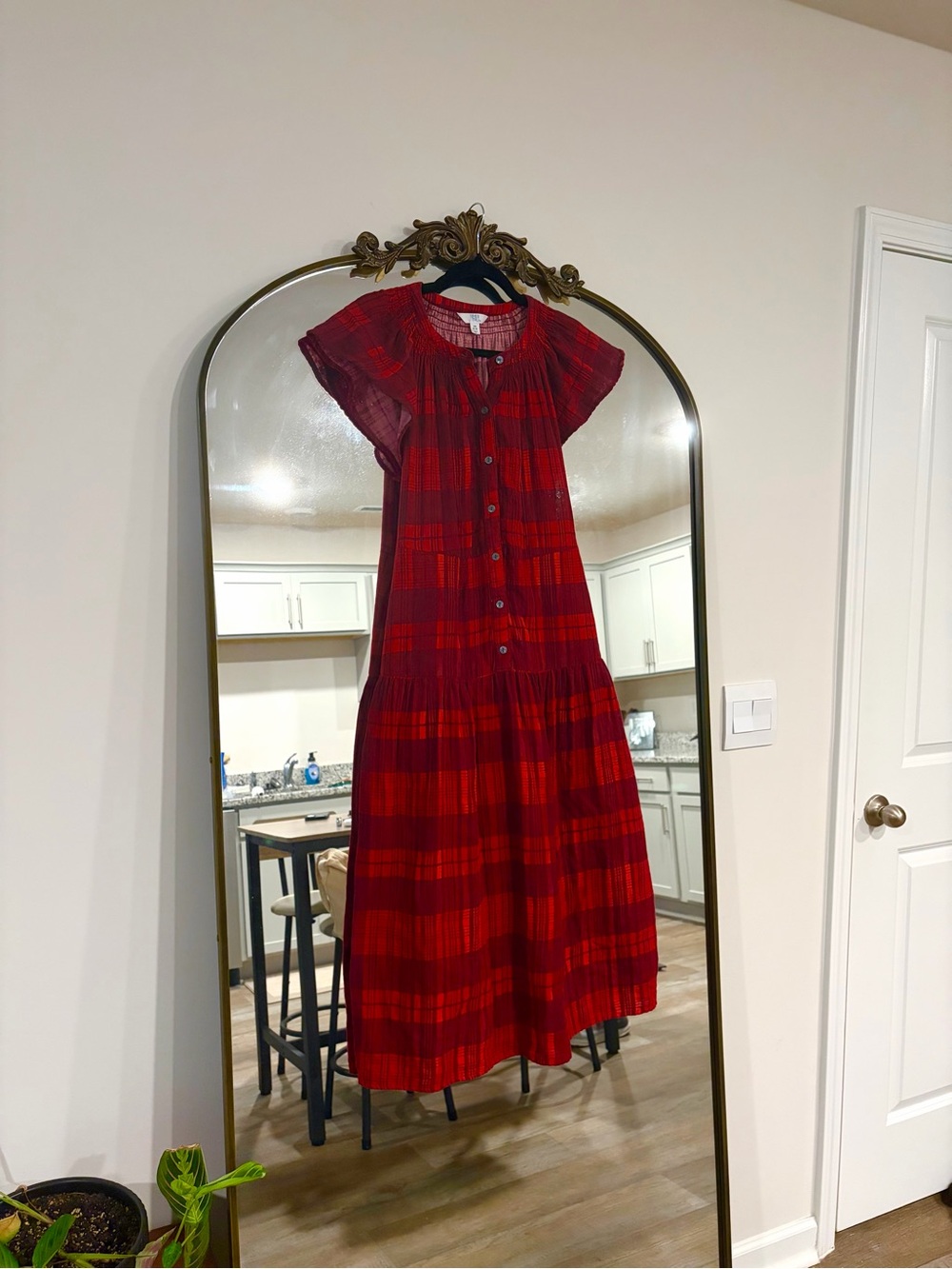 Red Plaid Maxi Dress with Button Front. Size XS Cottagecore Prairie
